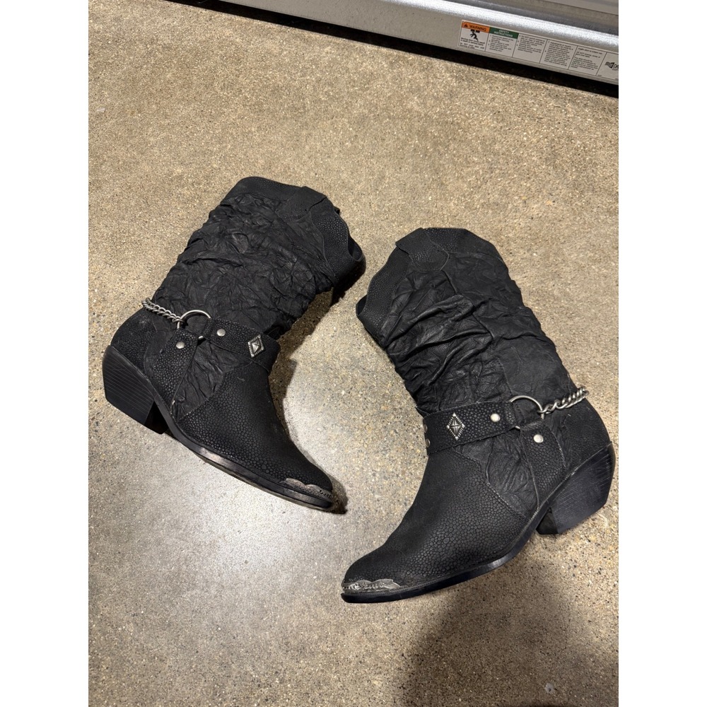 The Leather Collection size 10W 8.5M Black Leather Western Biker Boots Chain